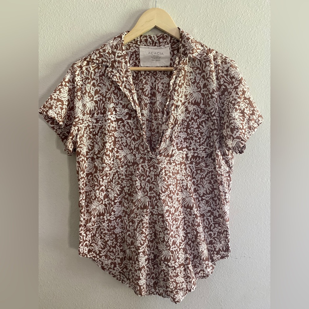 Acacia Swimwear Floral Button Down Shirt in Brown and White Small